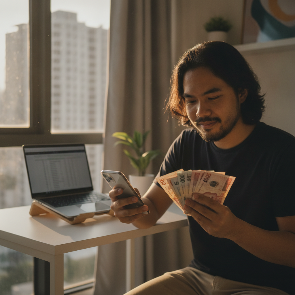 Filipino player managing mobile casino withdrawal and cash on smartphone